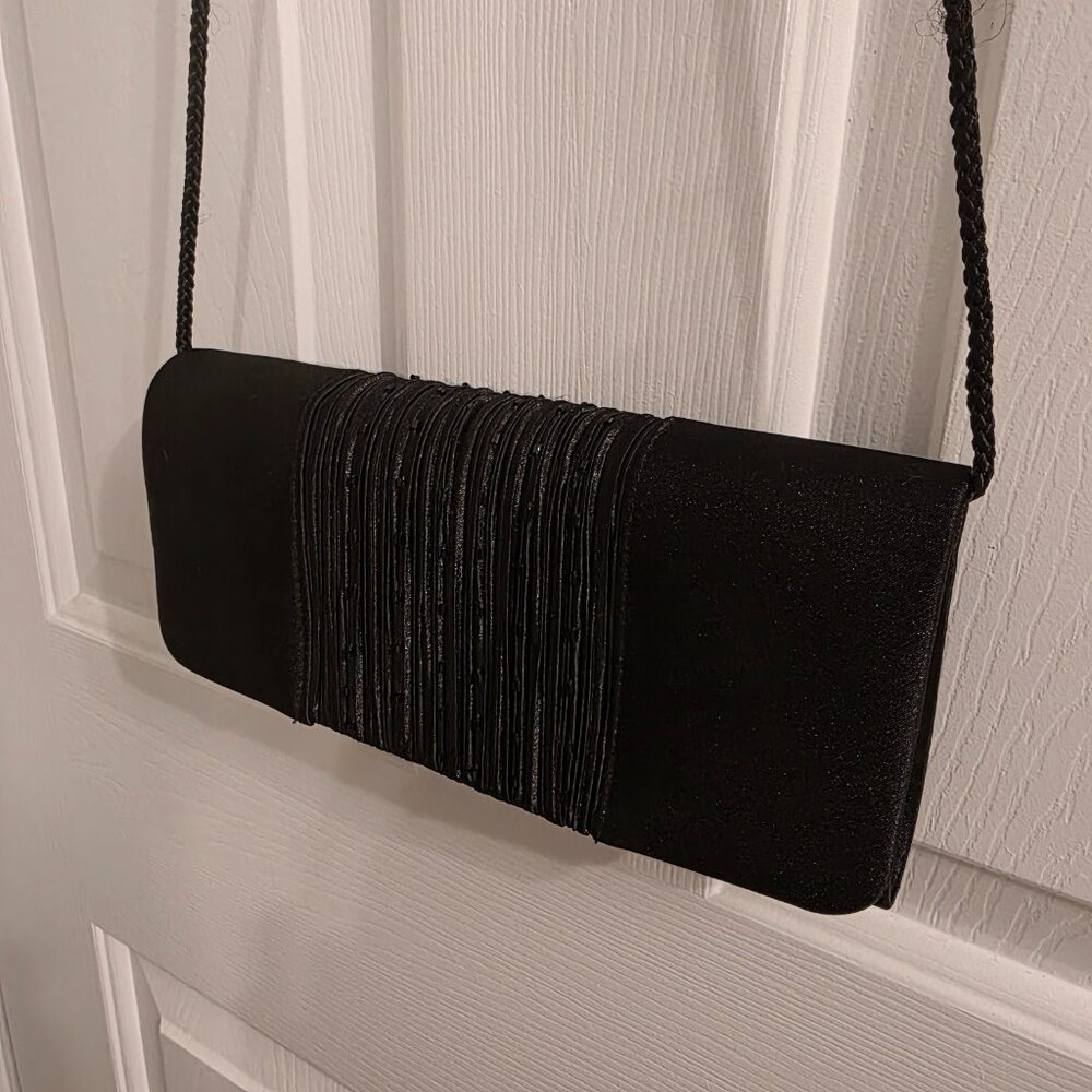 Black Satin Beaded Clutch Evening Bag Crossbody Formal - Picture 9 of 12